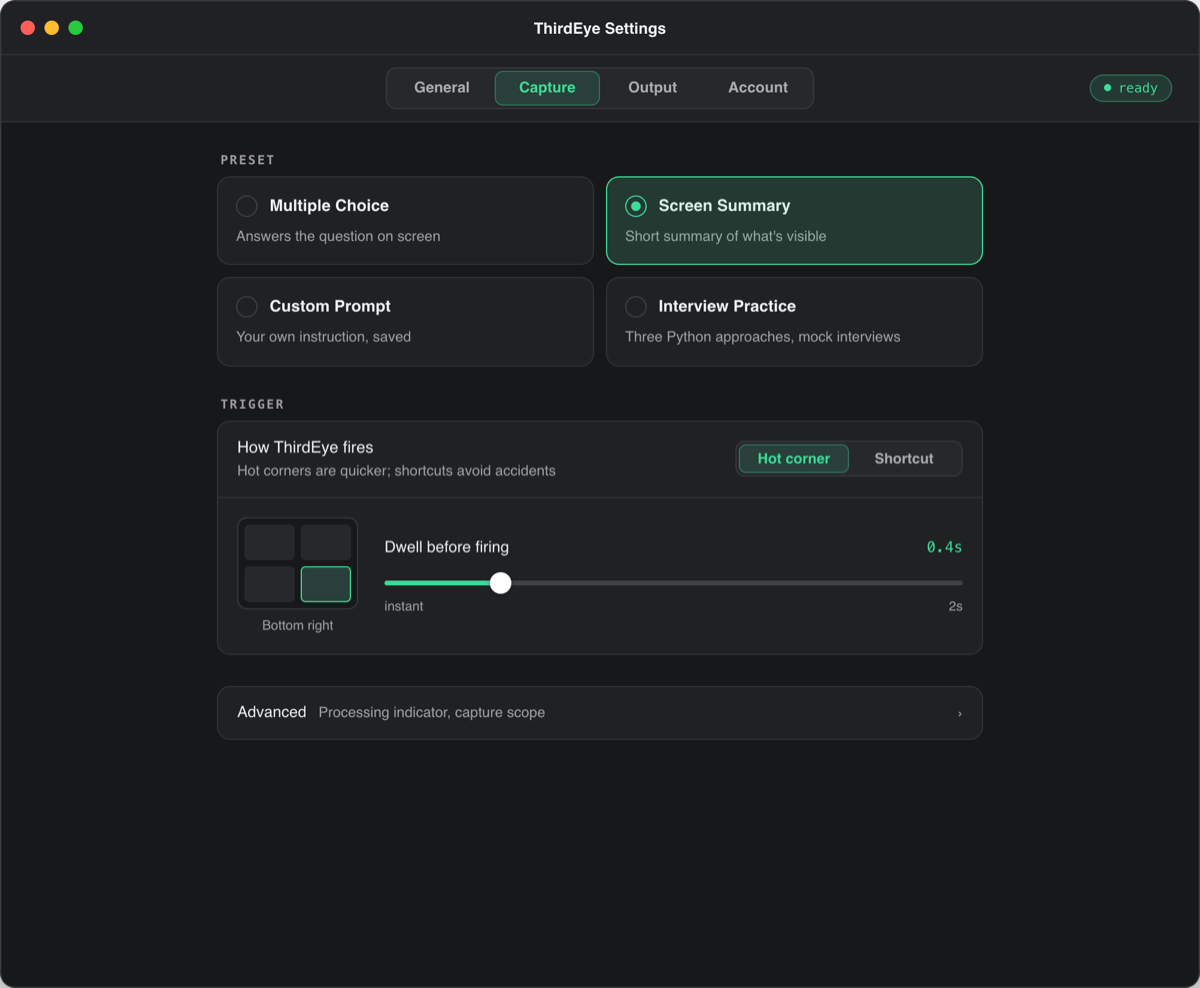 ThirdEye Settings, Capture tab, dark mode