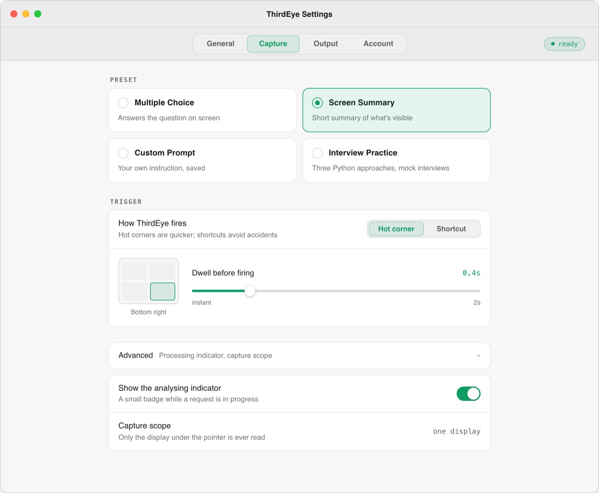 ThirdEye Settings, Capture tab, light mode
