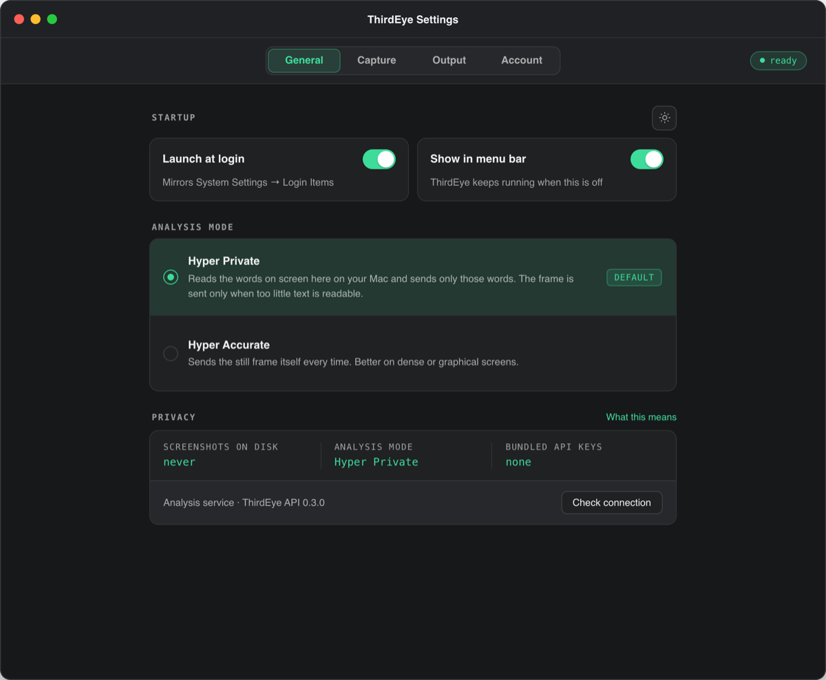 ThirdEye Settings, General tab, dark mode