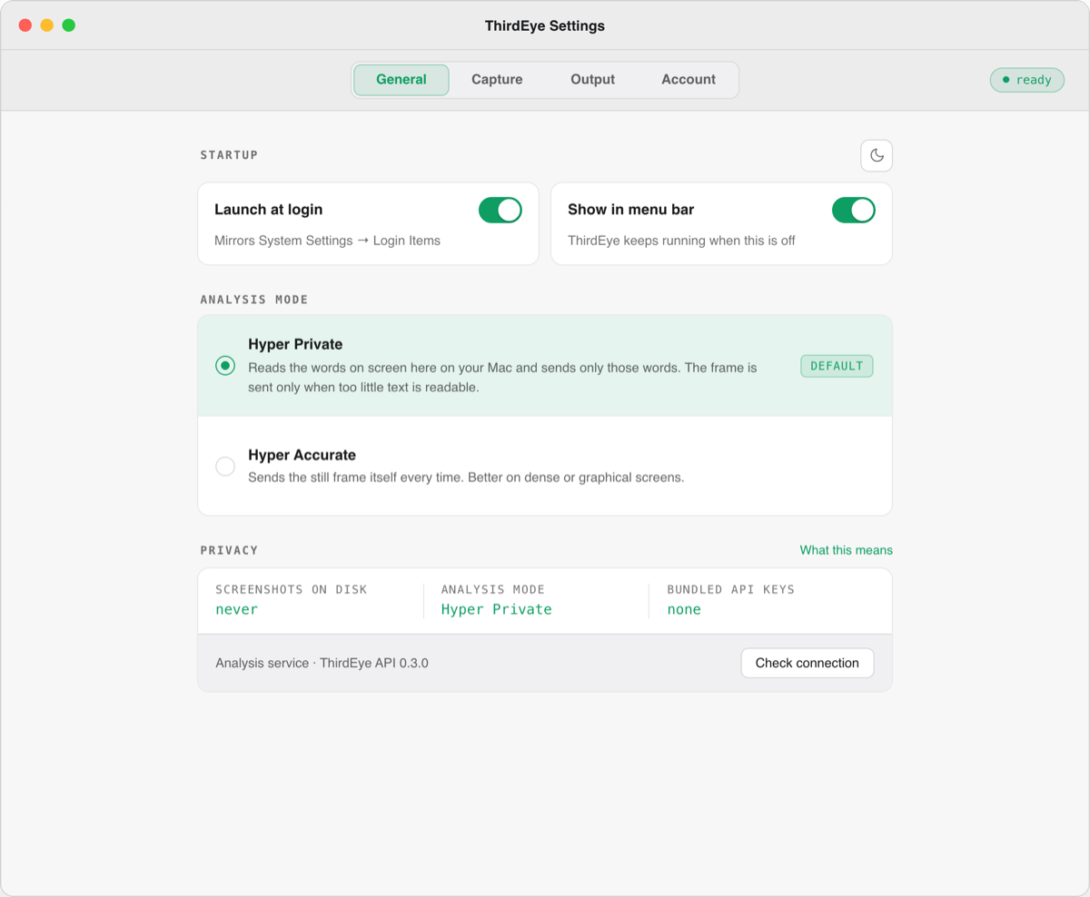 ThirdEye Settings, General tab, light mode