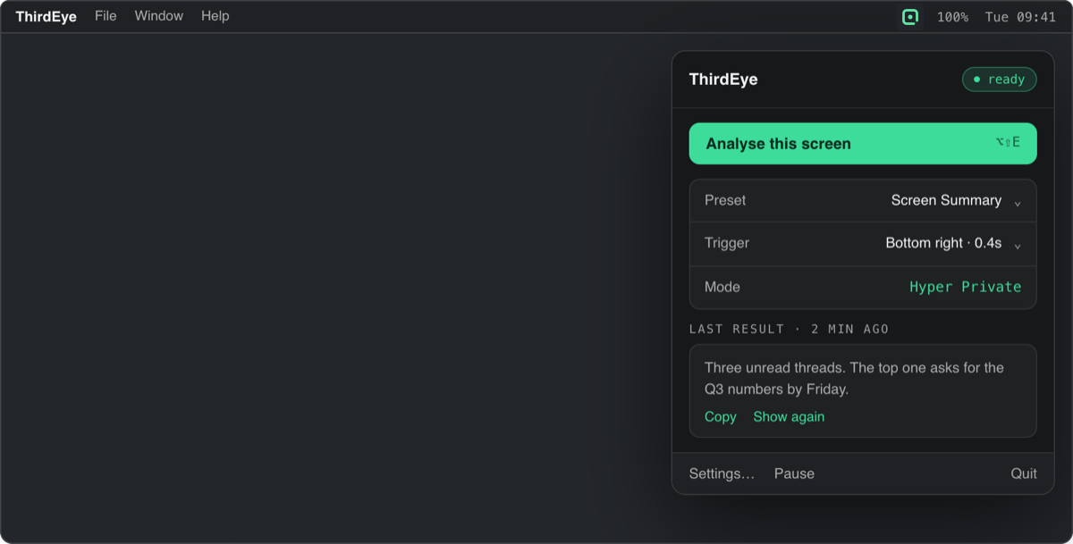 The ThirdEye menu-bar popover in dark mode