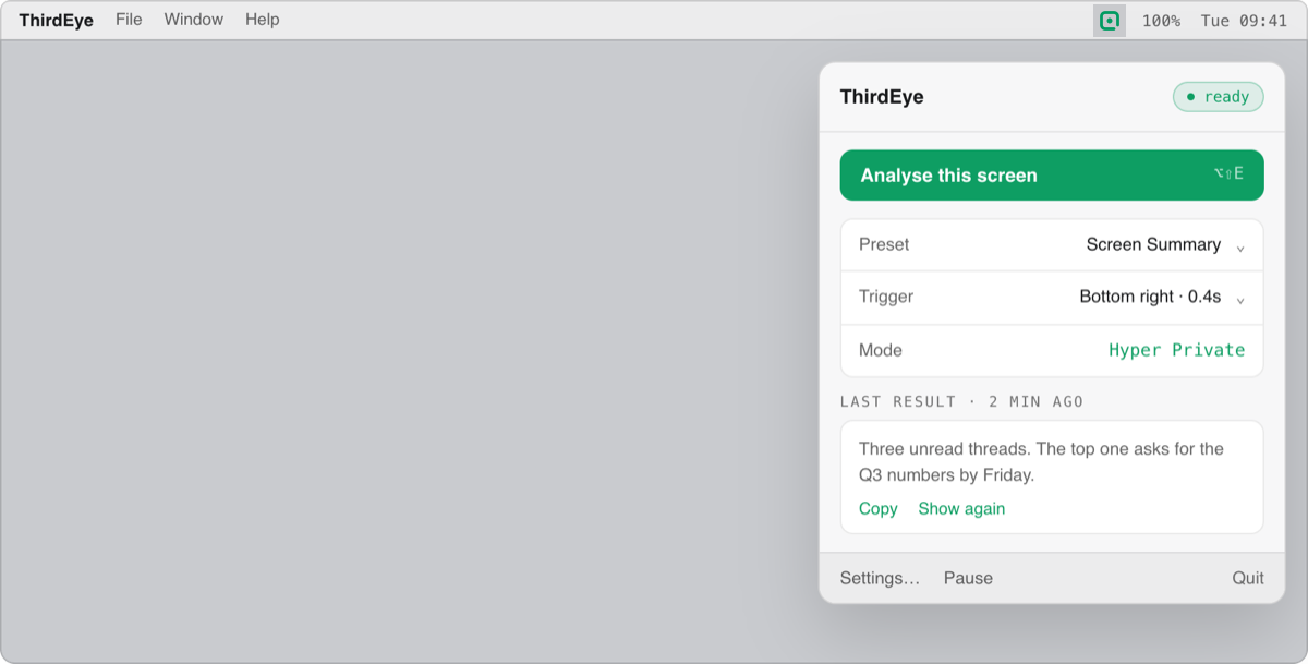 The ThirdEye menu-bar popover in light mode